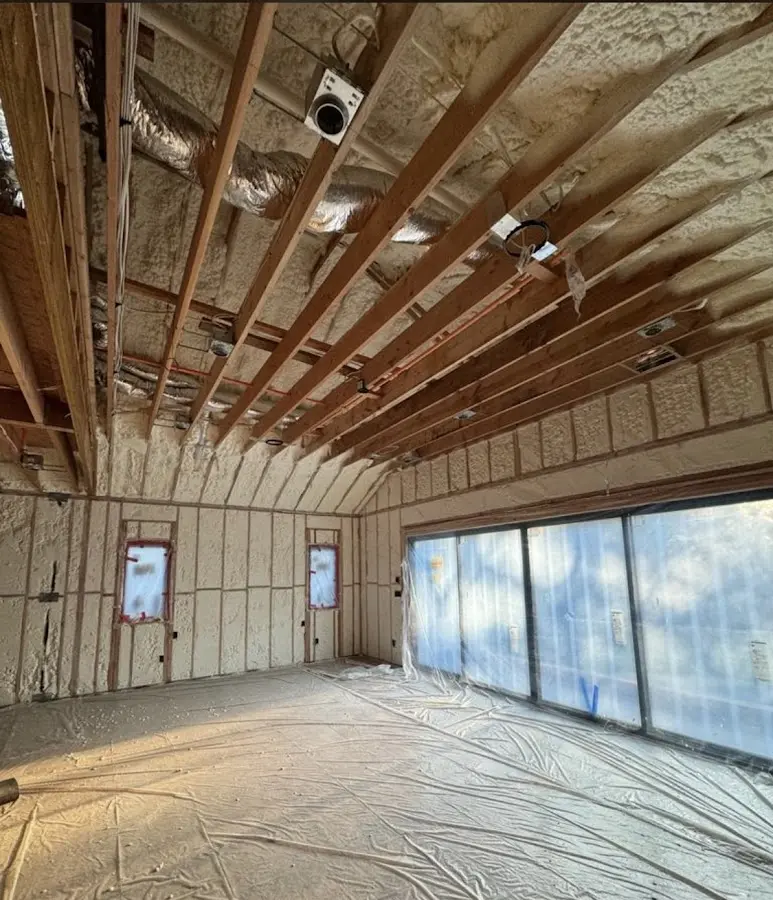 Interior walls and ceiling insulated with spray foam during new construction in Leacock